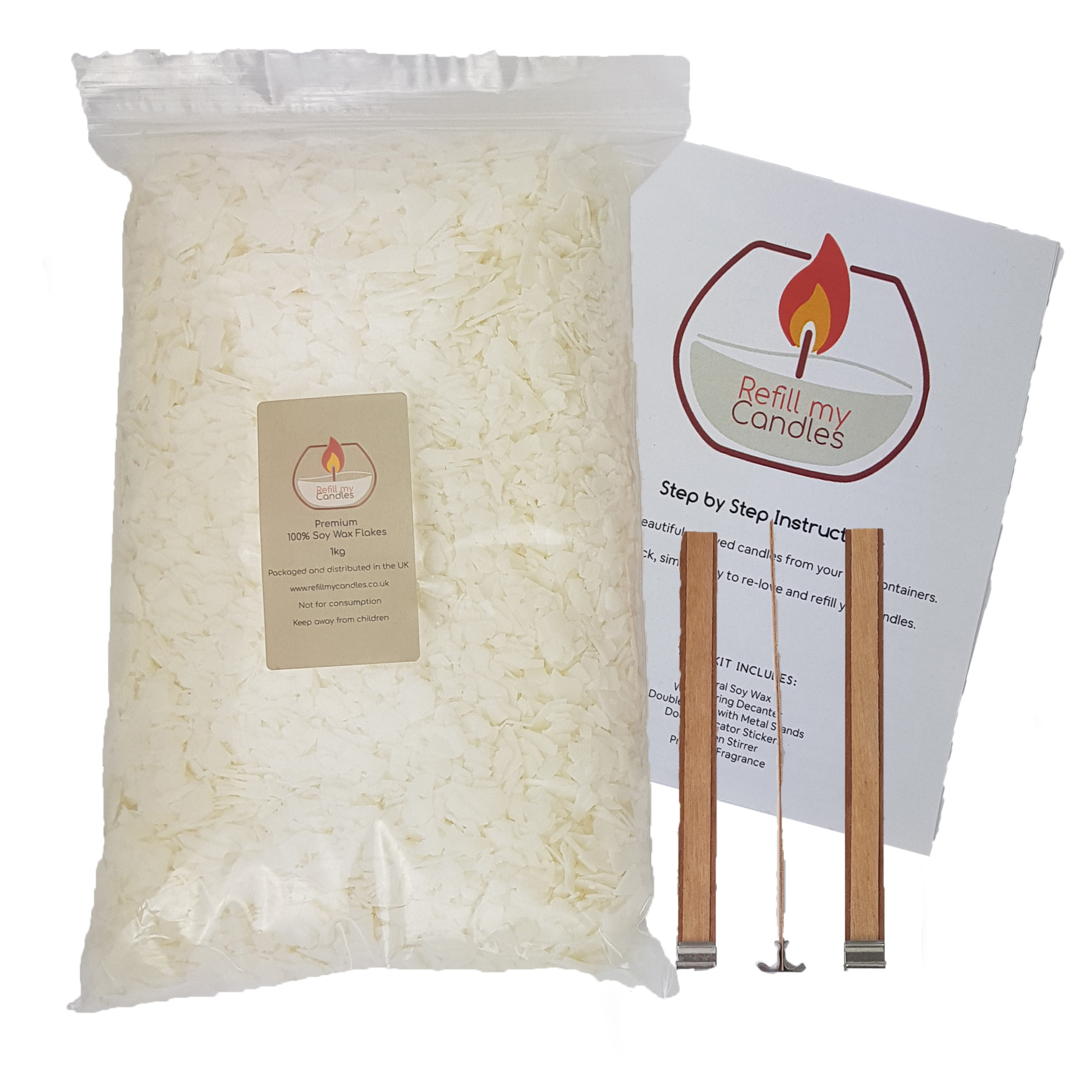 Top up candle kit – 1KG 100% Natural Soy Wax & 3 x 13mm x15cm Tall Double Woodwicks pack & Instructions