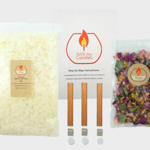 Top up candle making kit & 12gm Dried Flowers  – 600gm 100% Natural Soy Wax & 3 x 10cm high Double Woodwick pack & Instructions